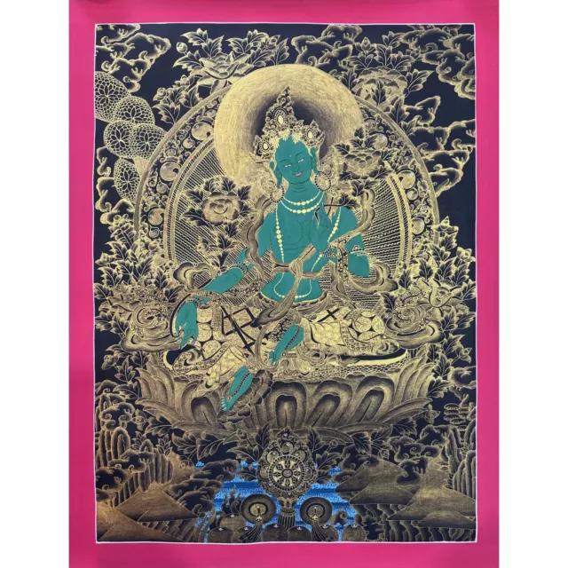 Green Tara Thangka Painting, Handmade Tibetan Art on Cotton Canvas from Himalaya