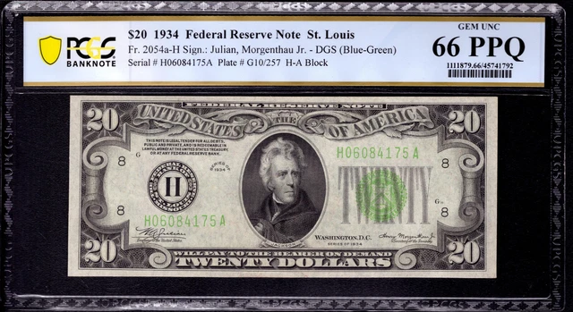1934 $20 FEDERAL RESERVE NOTE ST. LOUIS FR.2054-Hdgs NON MULE PCGS B GEM 66 PPQ