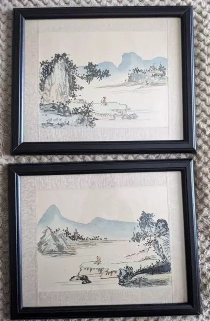 Vintage Chinese Landscape Hand Painted Water Colour On Silk With Frame