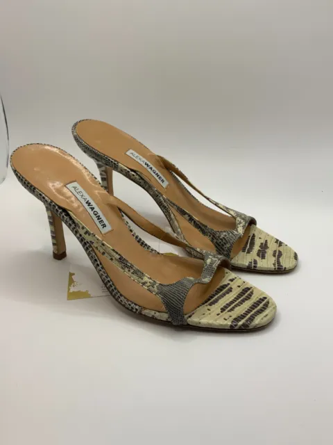 Alexa Wagner Cream & Gray Snakeskin Slide Sandal Heels, Size 35 IT, 5 US