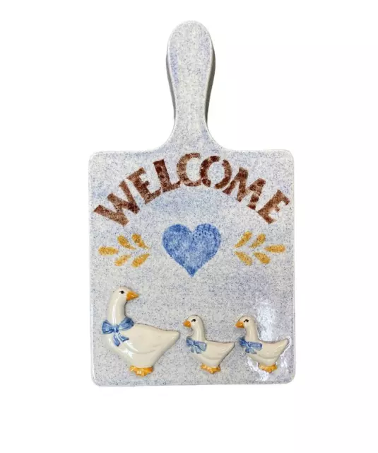 Vintage Welcome Duck Ceramic Wall Decor Stenciled Handpainted Blue Retro Country