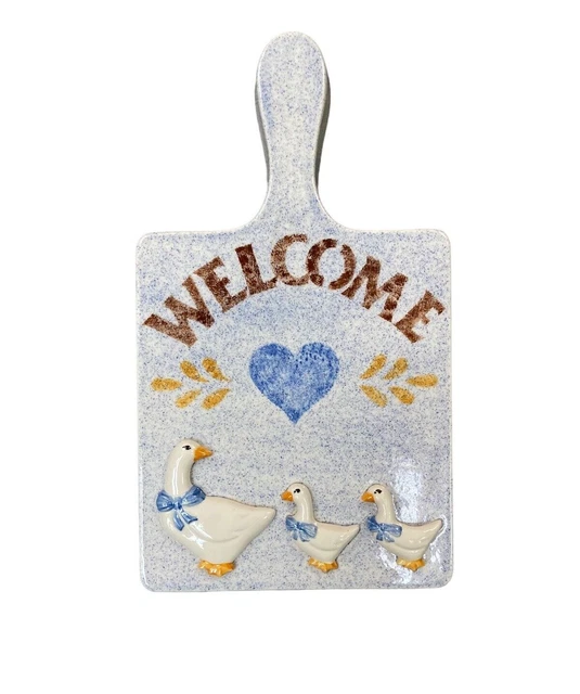 Vintage Welcome Duck Ceramic Wall Decor Stenciled Handpainted Blue Retro Country