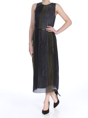 GUESS Womens Black Striped Belted Sleeveless Tea Length Sheath Dress Size: 0