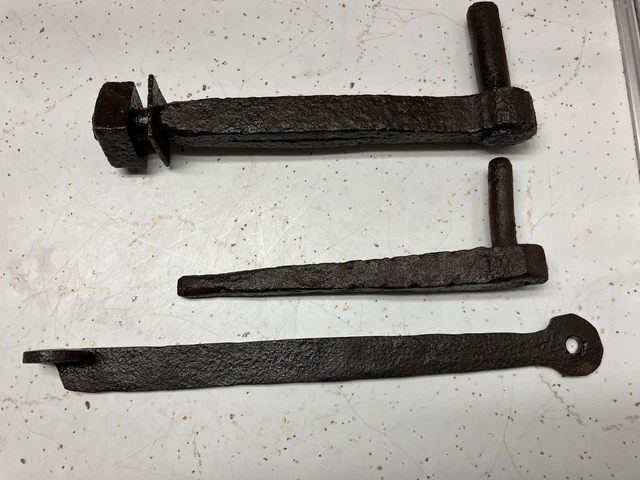 2 Antique Door Hinge Spikes (Blacksmith Hand Forged) + Strap Hinge Type Latch