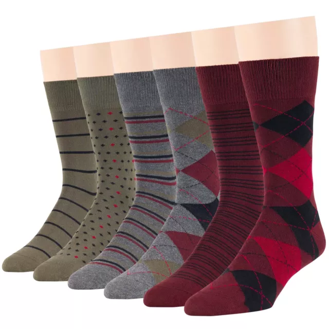 Men Cotton Dress Sock 6 Pack Large Casual Argyle Dot Stripe Grey Burgundy Green