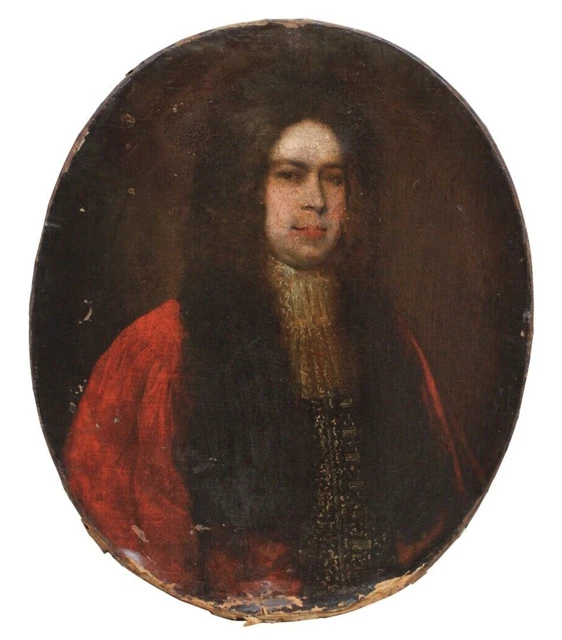 Antigua Pintado Al Óleo En Lona Del XVIII Sec Retrato De Noble De Corta