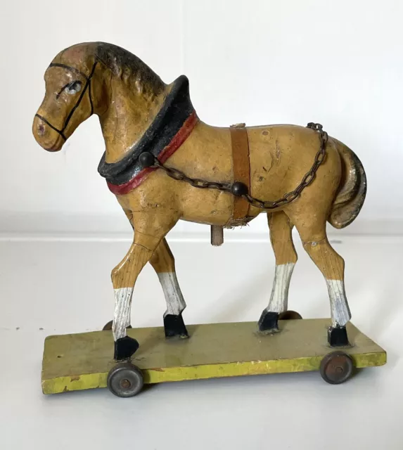 Antique Wooden Georgian Toy Horse On Wheels Pull Along Early 19thC VGC