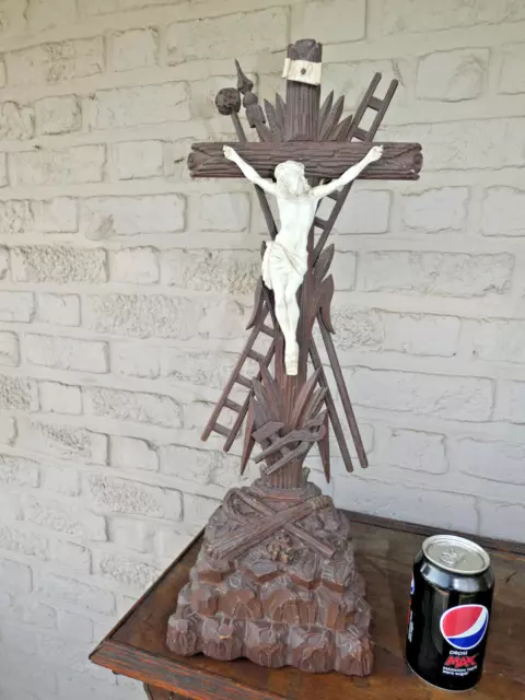 Antique large Wood carved crucifix ceramic chalk corpus religious