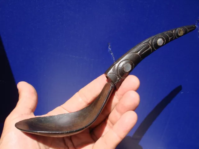 Northwest Tlingit / Haida Mountain Goat Horn Spoon 9 inch with abalone inlay. Northwest Tlingit / Haida Mountain Goat Horn Spoon 9 inch with abalone inlay.