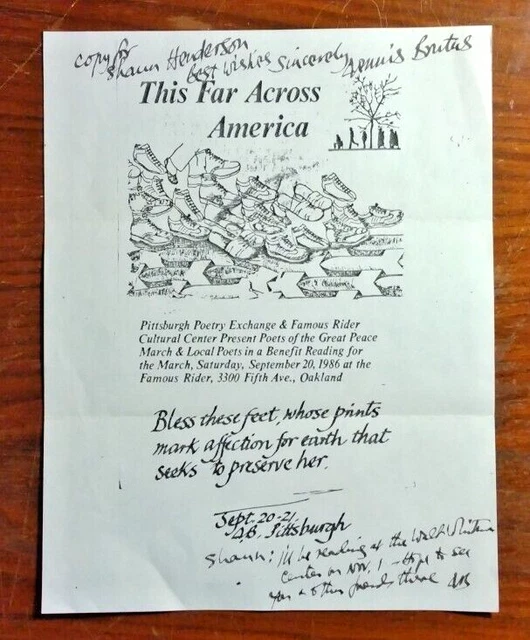 Dennis Brutus (1924-2009) Signed & Inscribed 1986 Poetry Reading Handbill/Flyer