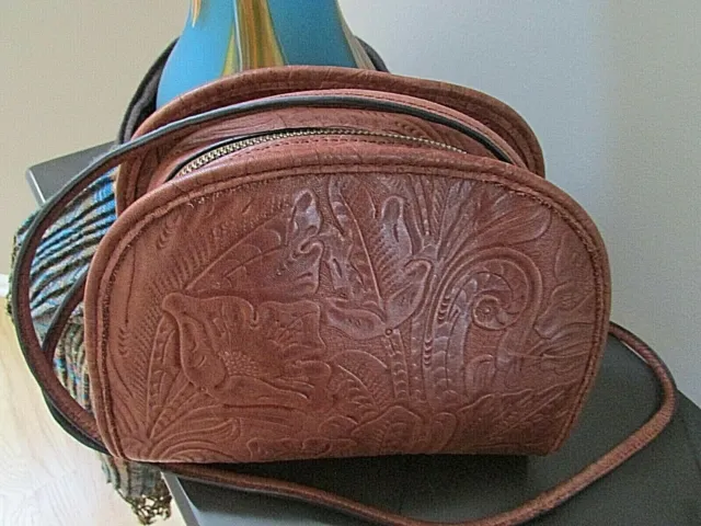 Margot hand tooled brown leather cross body hipster swing pack hobo handbag-NEW