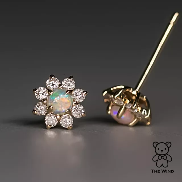 Classic Halo Design Australian Opal & Diamonds Stud Earrings 14K Yellow Gold