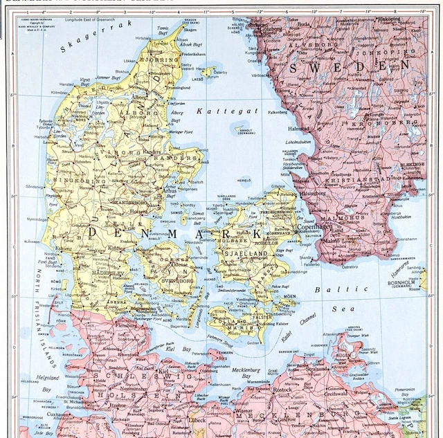 VINTAGE Denmark Germany Sweden Map ORIGINAL Europe Berlin Hamburg Copenhagen