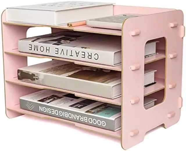 EXERZ Wooden File Organiser 4 Tier Desk Tidy Pink