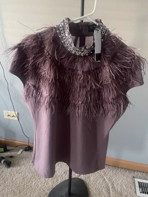 Gracia Purple Feather and Neck Bead Cap Sleeve Mesh Top XL