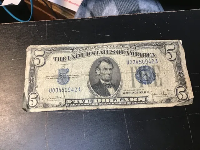 1934 Five Dollar  Silver Certificate $5 Bill Blue Seal Note, 1 Note