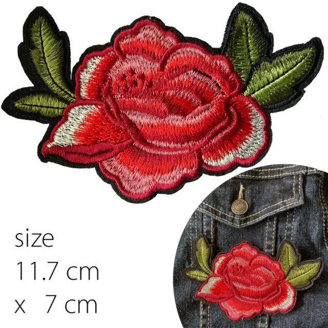Rose Iron on patch - red flower blossom applique embroidery with leaves patches