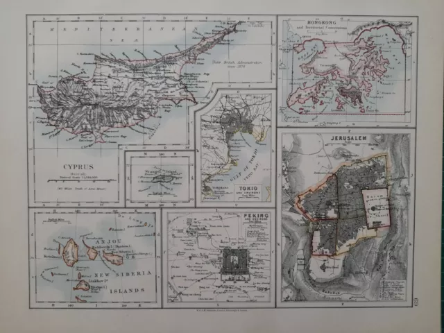 1913 Map - Cyprus Peking Environs New Siberia Islands Tokio Honk Kong Jerusalem