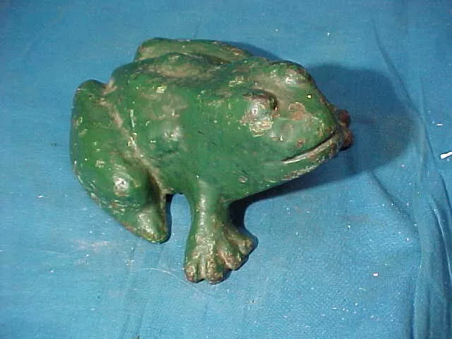 1920s FROG Figural CAST IRON DOORSTOP Old  GREEN Paint Articulated FEET-MOUTH
