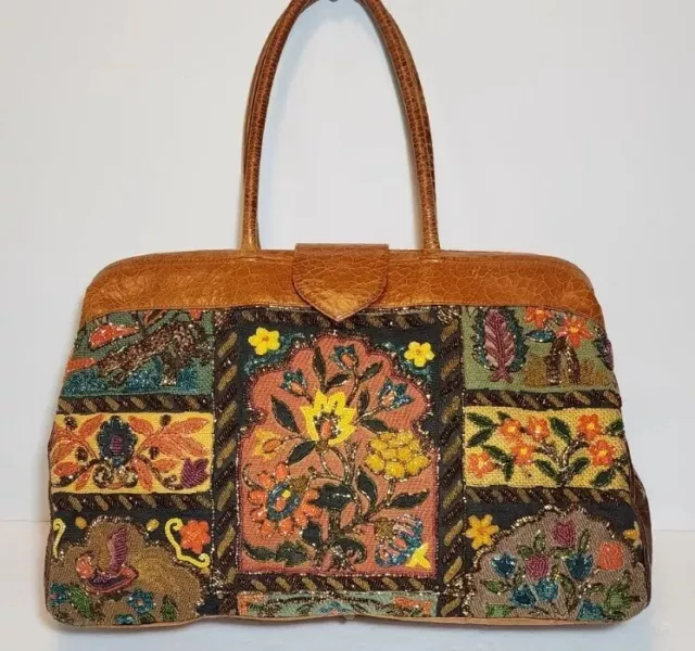 Isabella Fiore Jungle Paradise Floral Jaguar Beaded Tapestry Large Handbag $739