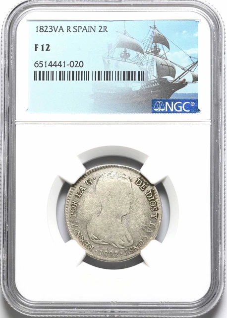 COLONIAL ERA SPAIN. Ferdinand VII, Silver 2 Reales, 1823, NGC F12