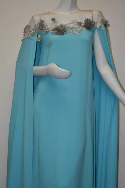 $5890 NEW Oscar de la Renta Cape Gown Caftan Turquoise Silver Illusion Dress S M 2