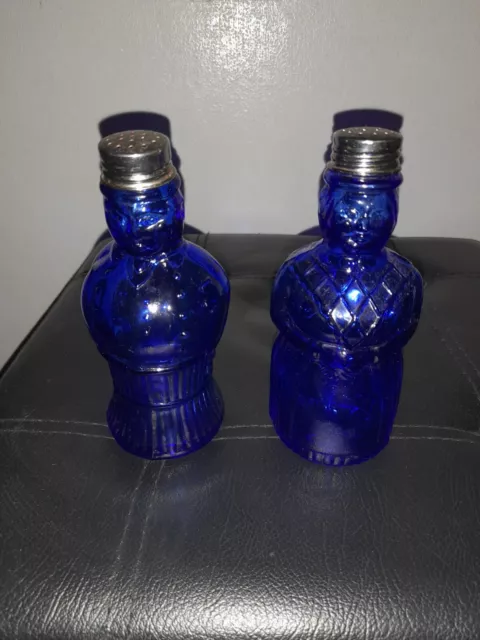 A Pair of Vintage Cobalt Blue Glass Man & Woman Salt & Pepper Shakers