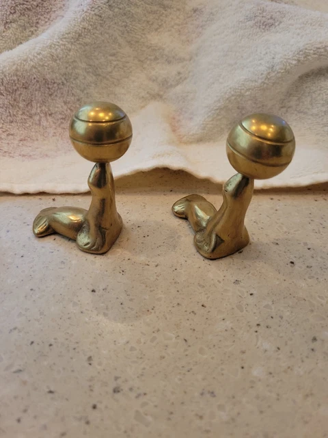 2 Vintage Solid Brass Performing Seal with Ball on Nose Figurine Statue 2" Tall