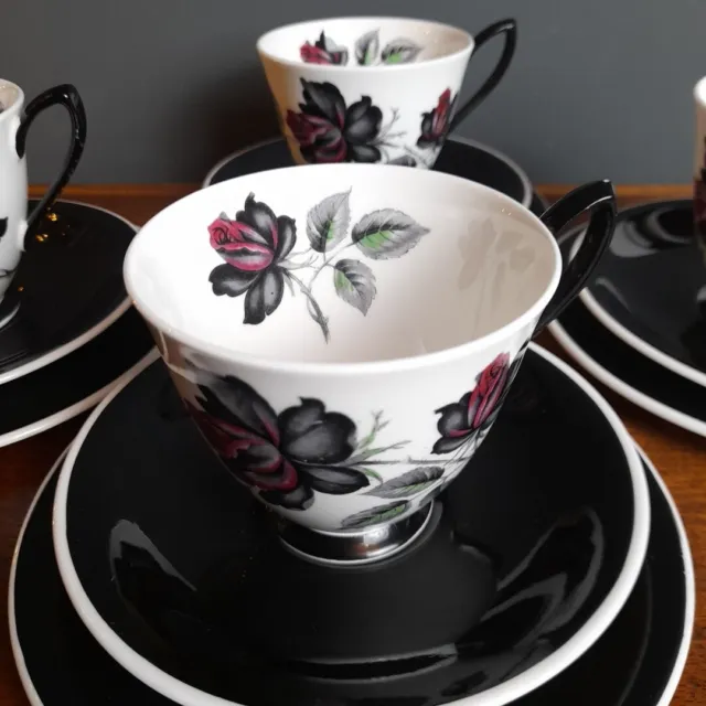 Vintage royal albert "masquerade" 4 X Tea Cup Trios Black Roses 50s