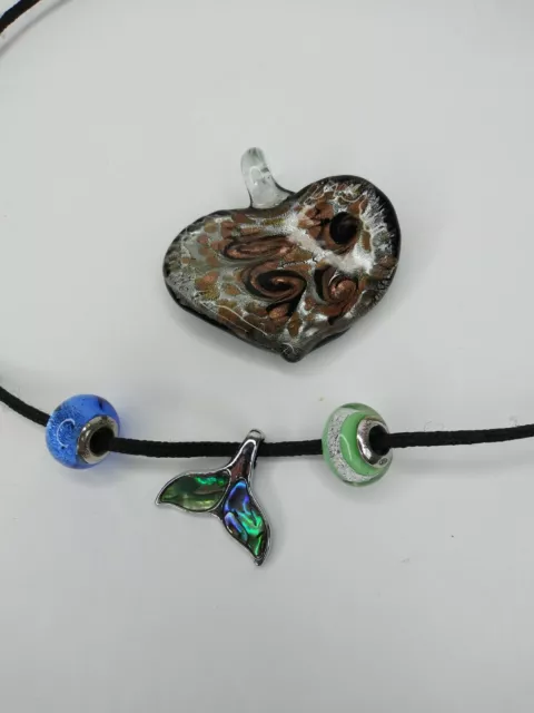 Pendentif cœur en verre art métallique Murano Millefiori 2 pouces 2 x 925 perles et