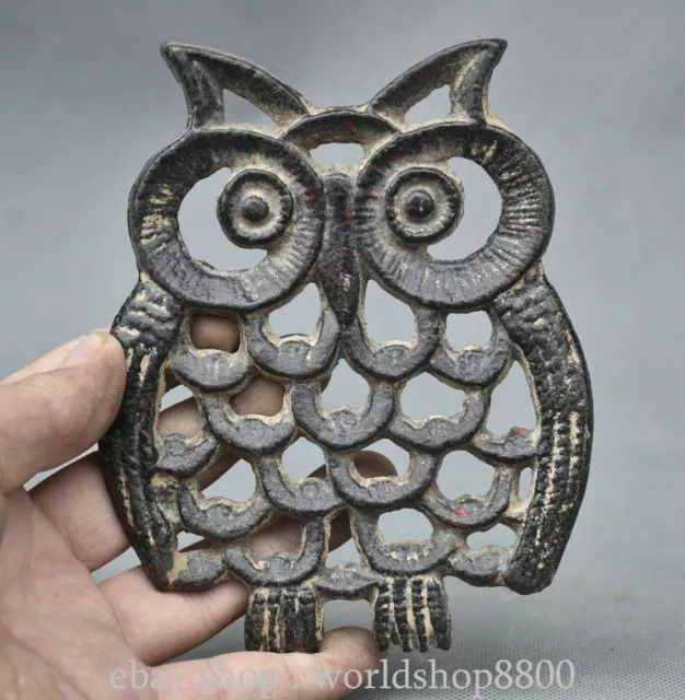 5.6”Old China dynasty bronze symbol animal owl bird hollow out sculpture mold