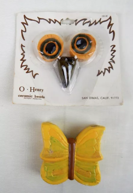Vintage O Henry Owl Eyes and Beak Plus Butterfly Ceramic Macrame Beads