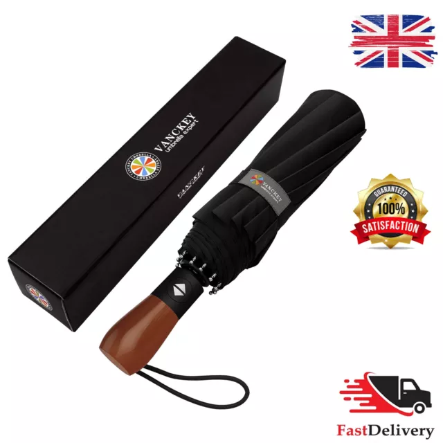 Double Canopy Wood Handle Windproof Fiberglass Auto Open & Close Black Umbrella