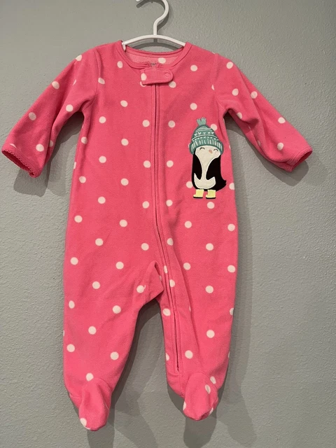 Carters Footed Sleeper Baby Girl 6M Pink Penguin Polka Dot Zip