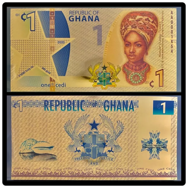 Ghana 1 Cedi Aurum® 24k gold Banknote 2020 Uncirculated **2 Day Free Shipping**