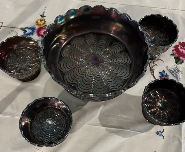Old Fenton Black AmyCarnival Glass Peacock Tail Compote/Ftd Berry Bowl, 4 Smalls