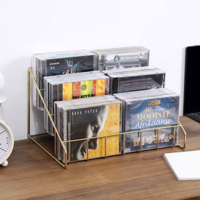 Brass Tone Metal Wire CD Holder Storage Rack, 3 Tier Compact Disc Display Stand