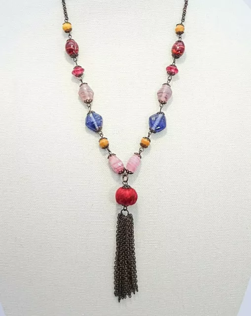 Art Glass Multi Colored Beaded Chain Tassel Necklace 24" Bronze tone