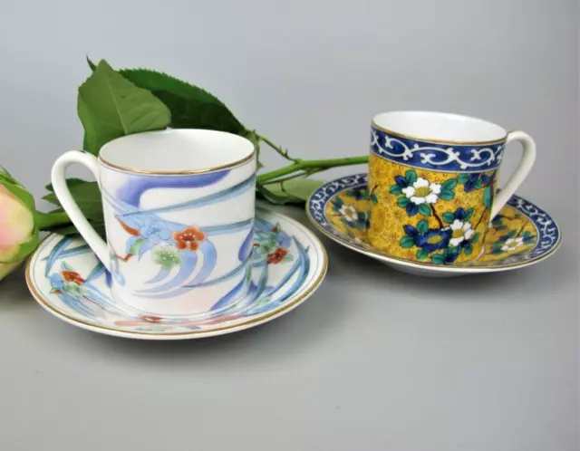 Takahashi Coffee Cups / Cans x 2. Flora & Kutani. Hand painted. Japanese set VTG