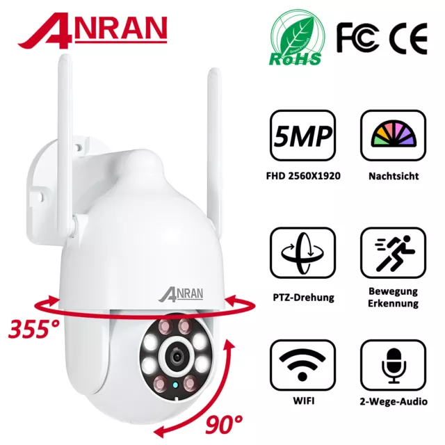 ANRAN Caméra de sécurité 360° PTZ sans fil Wifi Home Caméra dôme extérieure IP66