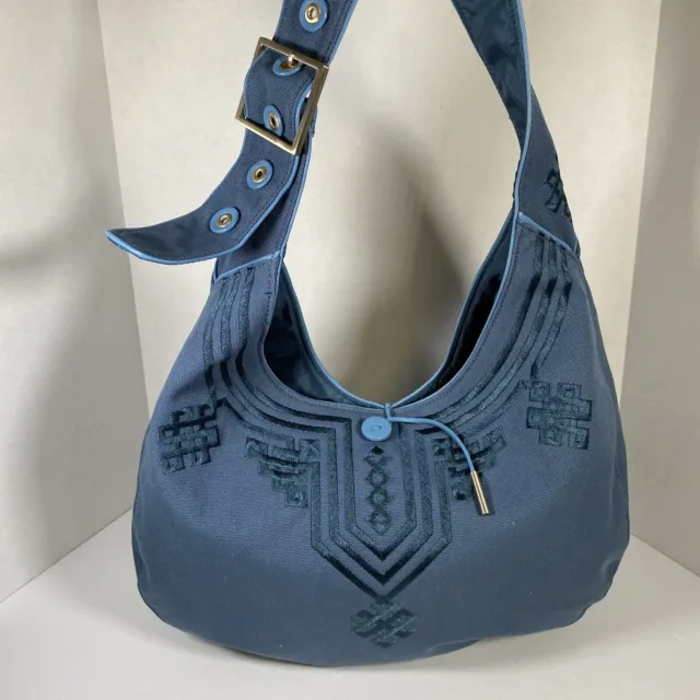 Serena & Lily Large Blue Canvas Embroidered Diaper Bag Crossbody Hobo Purse