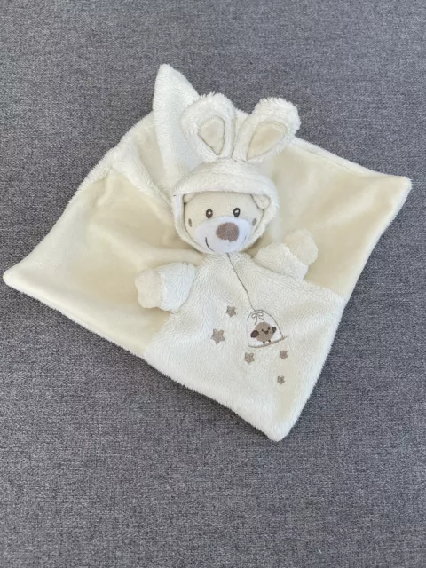 Doudou ours déguisé Lapin -carré plat blanc - écru-cage oiseau- Nicotoy