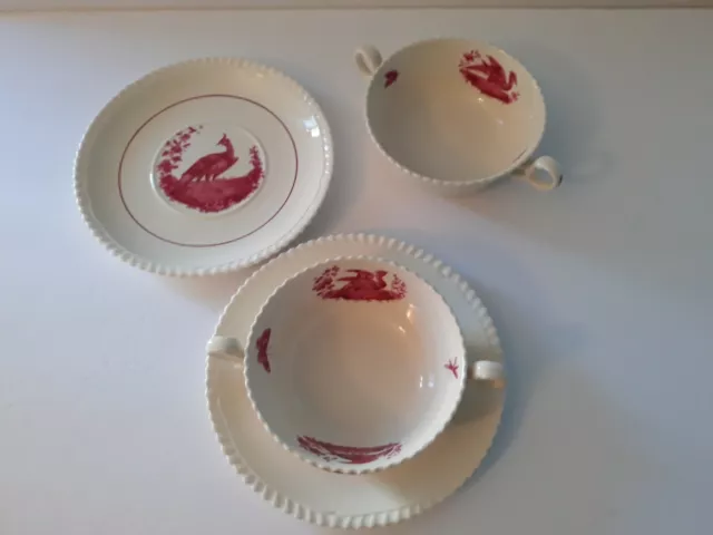 Copeland Spode 2 Soup Bowls + Saucers Red Pheasant/Birds England
