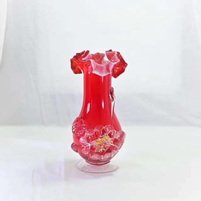 Red Art Glass Ruffle Top  Vase with Relief Design 19cm tall. Murano?