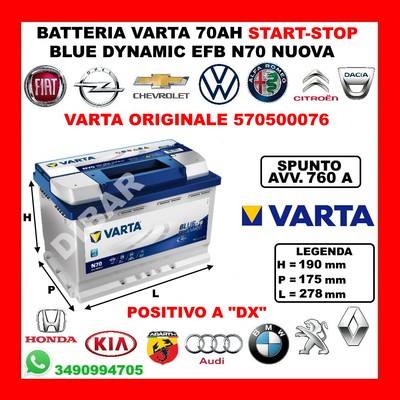 VARTA BATTERIA VARTA N70 START&STOP EFB 70AH 760A di spunto 278x175x190 570500076 BLUE 