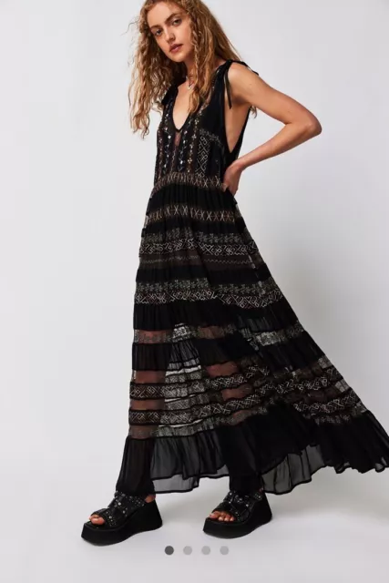 Free People Lacey Lady Maxi Dress Embroider Floral Mesh Ruffle Black Combo M NEW