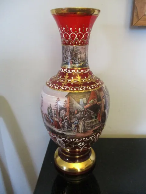 Monumental Bohemian Czech Red Glass Enamel 24Kt Gold Gilt Crystal Vase 17" Tall