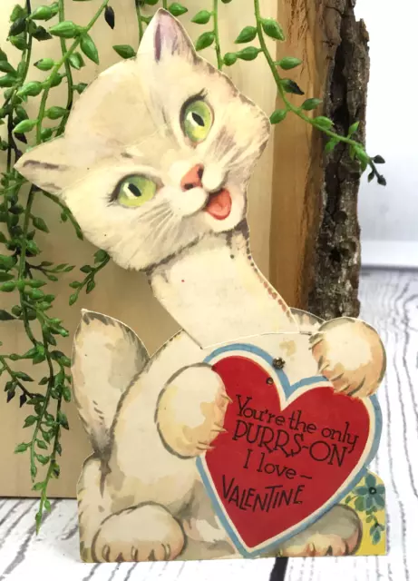 Vintage Childrens Mechanical Valentine Day Greeting Card White Cat Kitten Large 2