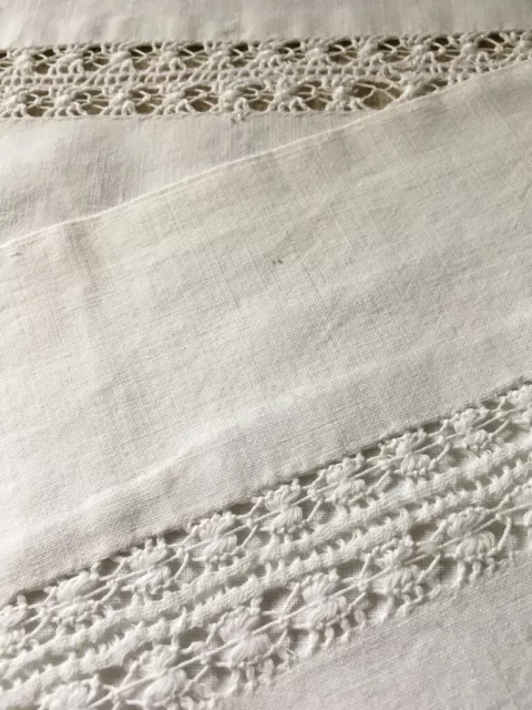 Antique Lt.19thC French Linen/Drawn Threadworked Border Pattern Large Bed Sheet,