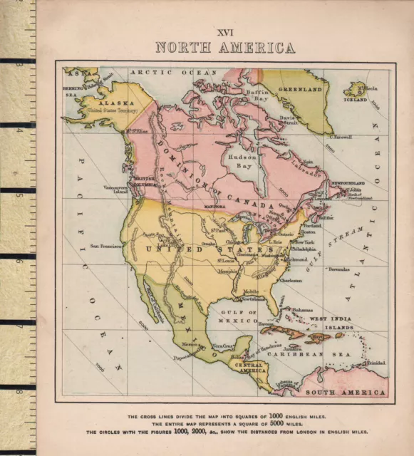 c1880 VICTORIAN MAP ~ NORTH AMERICA ~ UNITED STATES MEXICO & CANADA